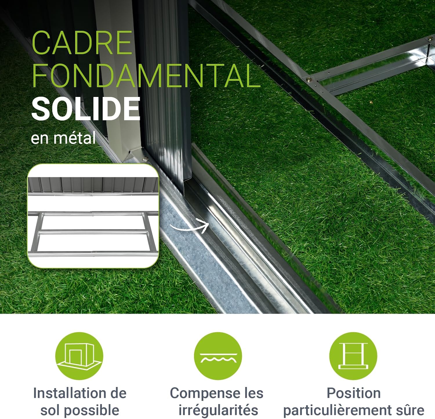 Abri métallique XL - spacieux, porte coulissante, cadre fondation