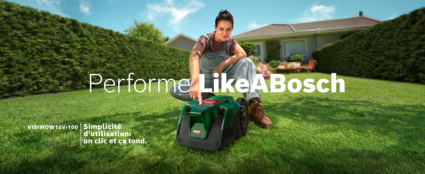 Le texte indique « Perform Like Bosch » avec le slogan « Découvrez la nouvelle gamme d'outils électriques ». L'image montre un homme dans un jardin extérieur faisant la démonstration d'un outil électrique noir.