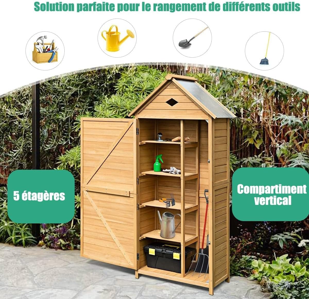 RELAX4LIFE Abri de Jardin en Bois de Sapin avec Porte Verrouillable, Toit Galvanisée,5 Étagères et Compartiment, Cabanon Jardin Extérieur