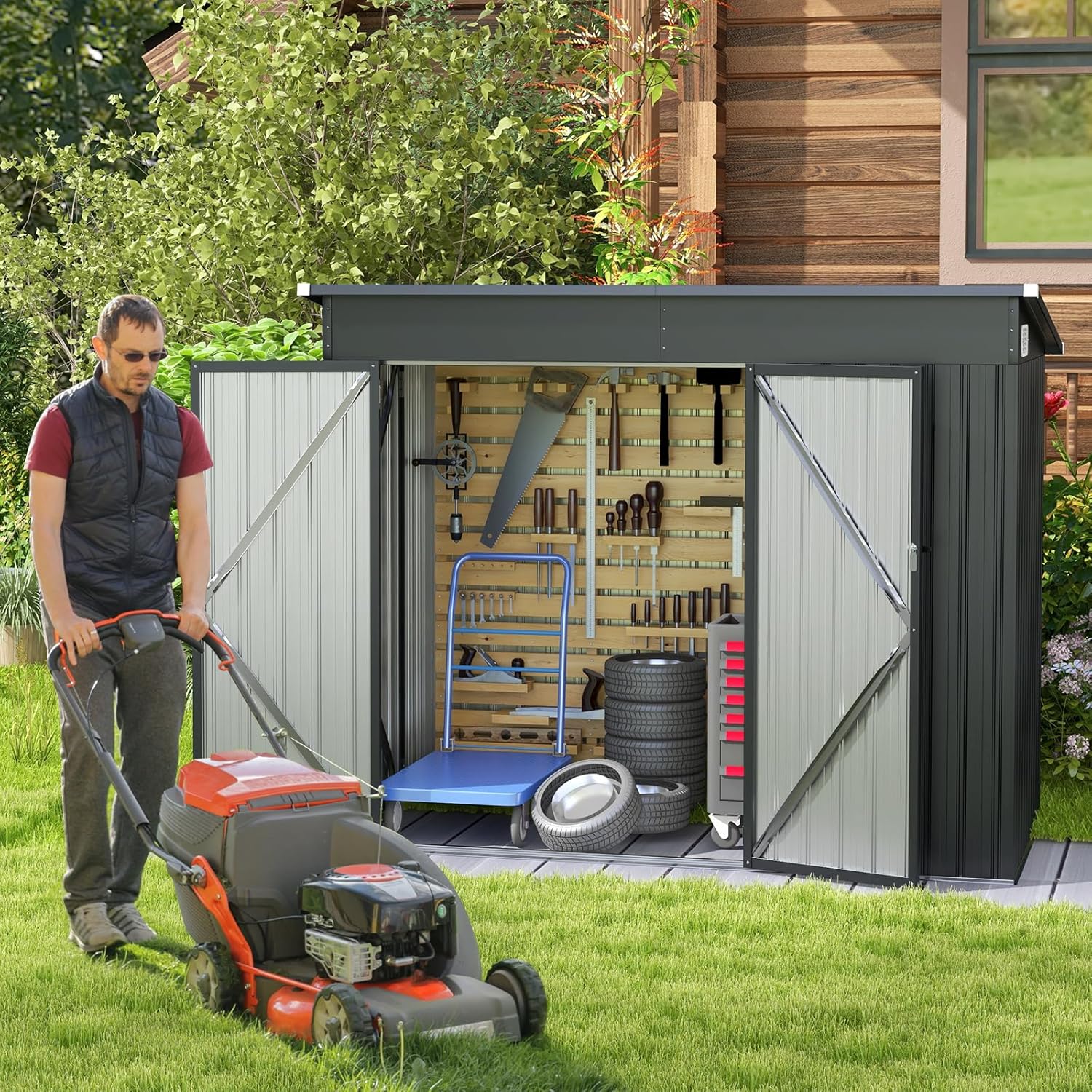 RELAX4LIFE Abri de Jardin Métal 235X117X185CM avec 2 Portes Verrouillable-Loquets Clés Inclus et Fenêtres, Cabane à Outils Cabanon Résistant aux intempéries pour Poubelles Extérieur (Gris, 5M³)
