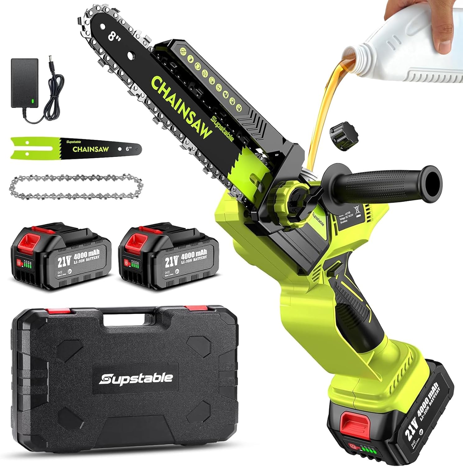Supstable Mini Tronconneuse à Batterie 8000mAh, 8 et 6 Pouces Mini Tronçonneuse Électrique Sans Fil pour Branches et Jardin, 1300W Elagueuse, Système D'huile Automatique, Tension de Chaîne Sans Outil