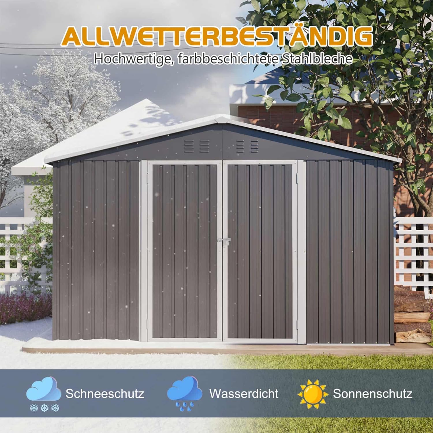YEHTOKHOME - abri de jardin métal - 300x252x191cm - double porte coulissante, ventilation - Gris-C