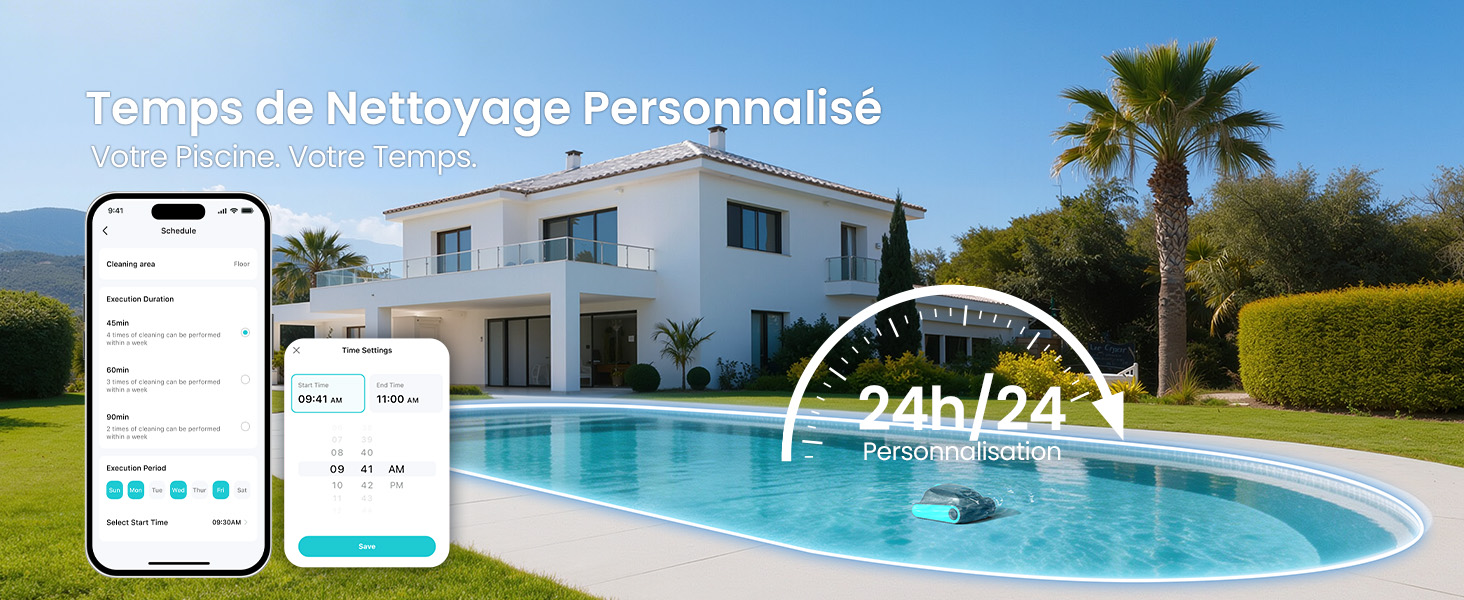 Captures d'écran de l'interface de l'application mobile montrant les fonctionnalités de gestion de la piscine, avec des photos de la piscine extérieure et des éléments de l'interface de réservation.