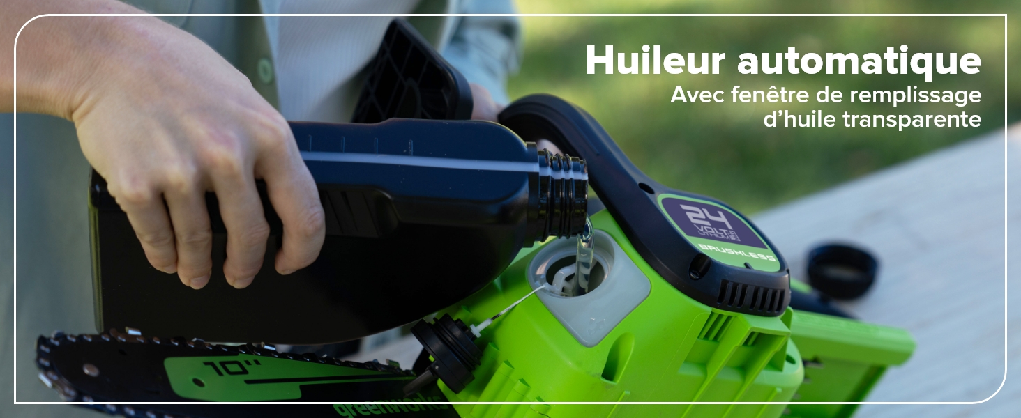 Le texte indique « Huileur automatique ». Images de démonstration de produits teintées en vert montrant un processus d'huilage ou de lubrification automatique.