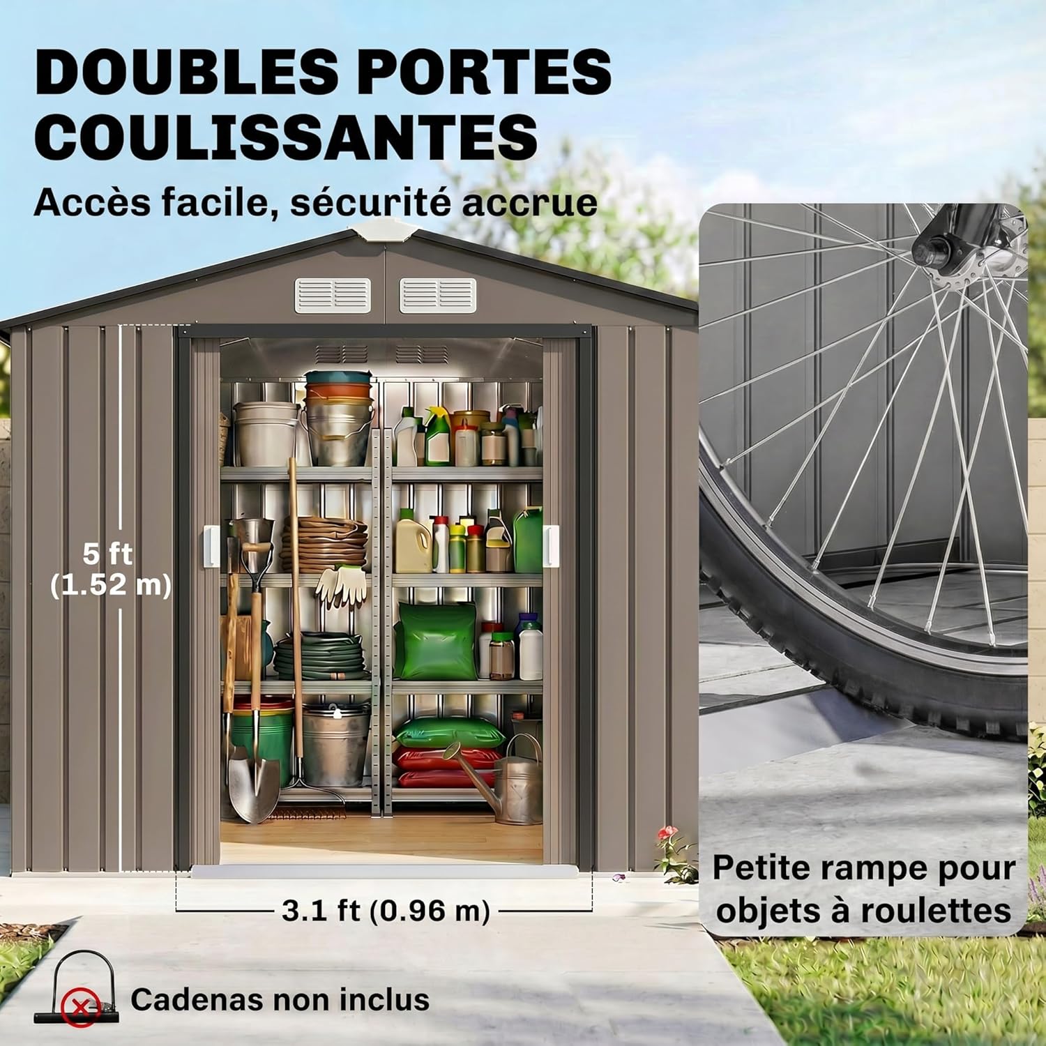Abri de jardin métal 2,77 m²,porte coulissante, 