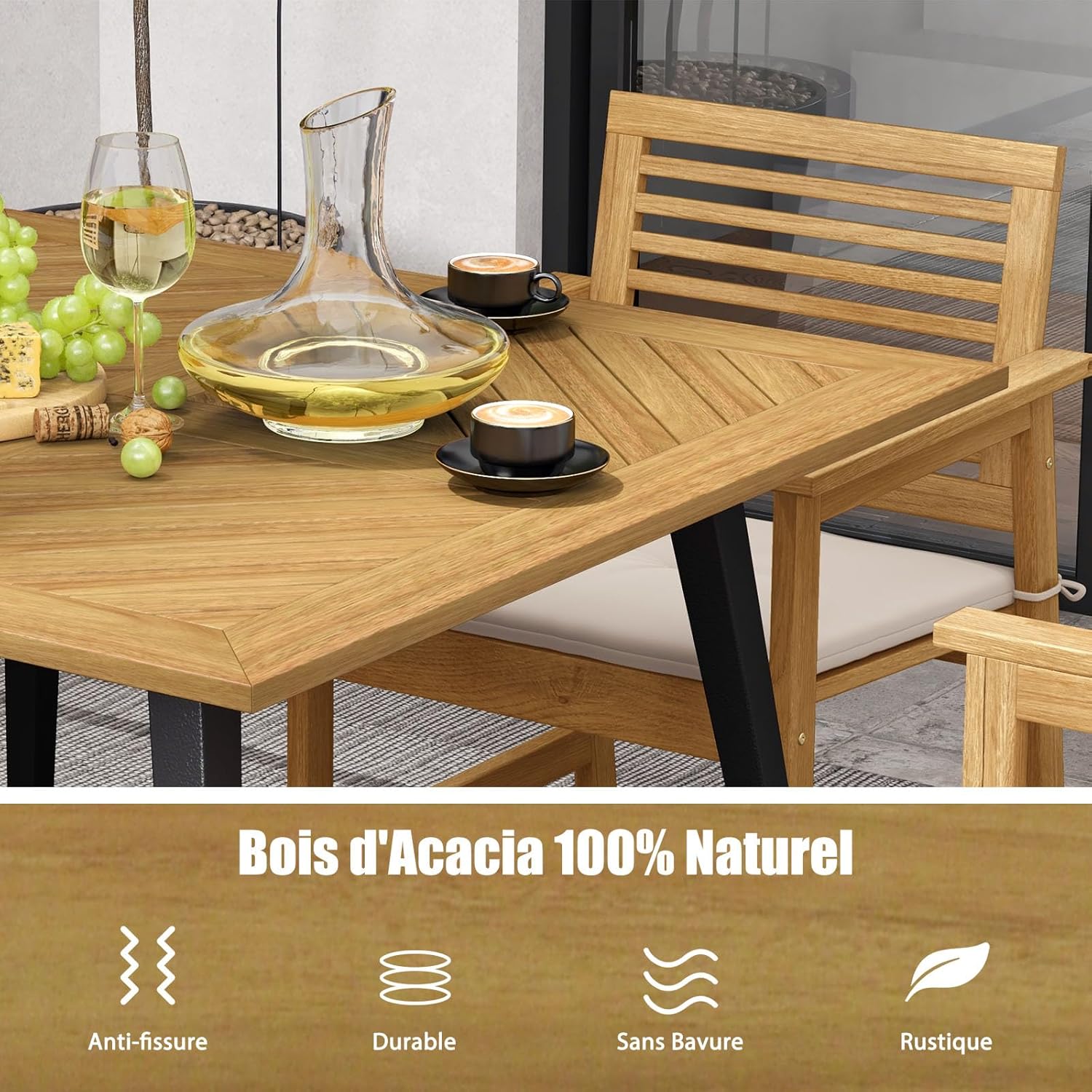 COSTWAY - Table jardin carrée - 107x107 cm - bois acacia, trou parasol