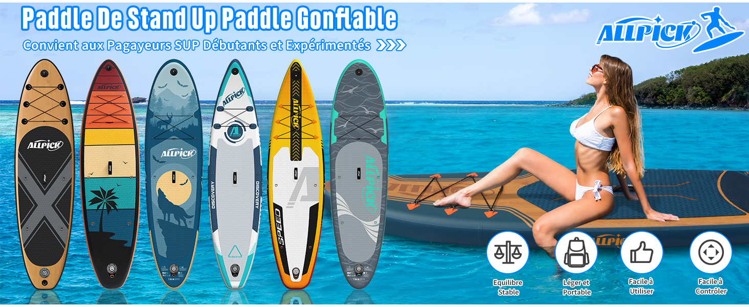 de planches à pagaie gonflables de différentes couleurs et designs, avec le logo de la marque Airpick et les spécifications pour le pagayage portable