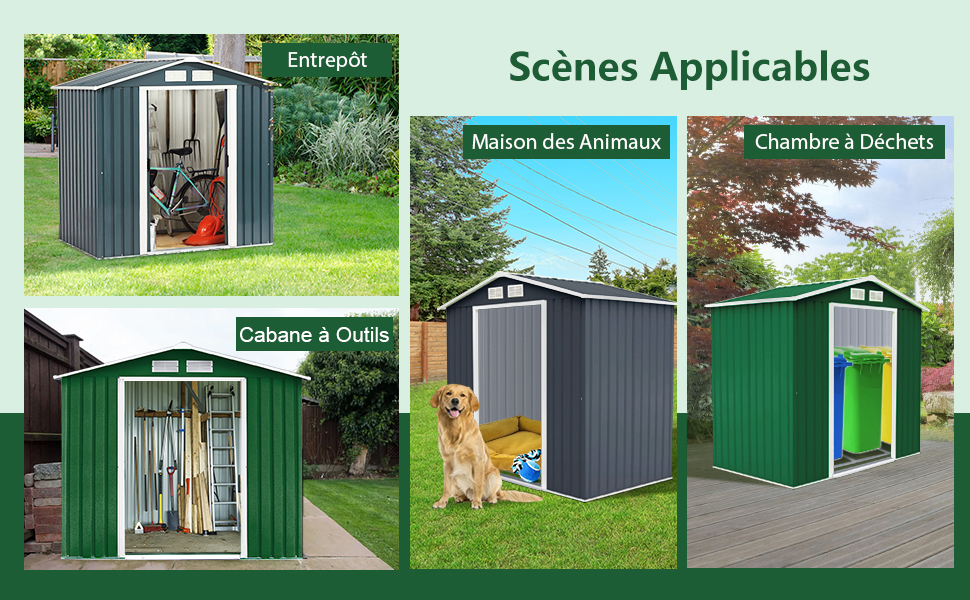 Collage d'abris de rangement extérieurs en gris et vert. Les images montrent des abris utilisés pour les outils, le logement des animaux et le stockage des déchets dans les jardins.