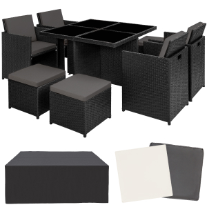Plusieurs vues de boîtes de rangement modulaires ou de classeurs noirs présentés sous différents angles, illustrant leurs caractéristiques d'empilage ou de connexion.
