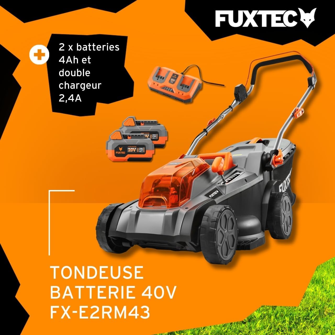 FUXTEC - Tondeuse à Gazon E2RM43 - 43cm, 40L, Hauteur réglable, Batterie 40V E2RM43