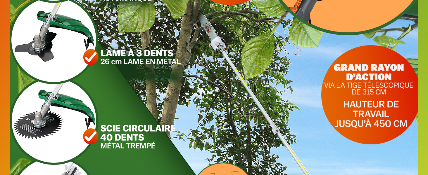 avec manche extensible illustré en cours d'utilisation pour tailler de hautes branches. Comprend une lame de scie circulaire et des accessoires à lame droite. Le texte indique une portée de 4,5 m et une hauteur de travail de 150 cm.