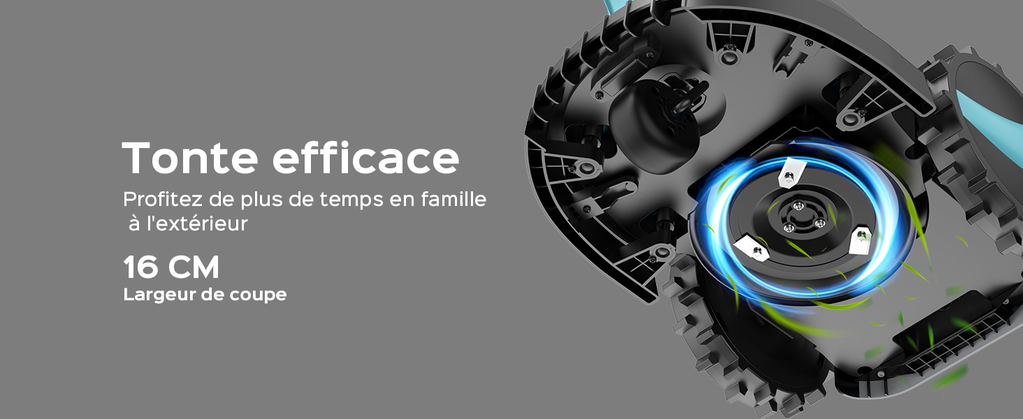 Gros plan d'un assemblage de lames de tondeuse à gazon robotisée. Base circulaire noire avec lames tranchantes. Anneau LED bleu visible. Le texte indique une largeur de coupe de 16 cm.