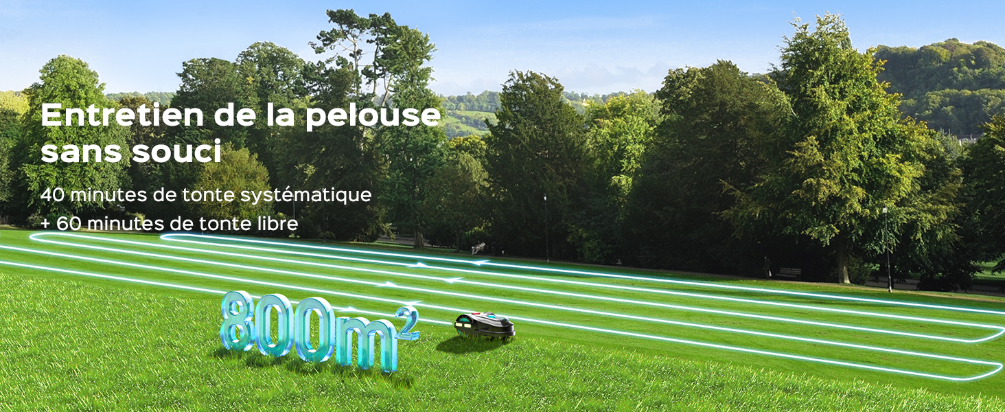 Le texte indique « Entretien de la pelouse sans souci ». Série d'images montrant l'entretien de la pelouse avec des lignes parallèles traversant le champ de gazon démontrant un entretien systématique de la pelouse.