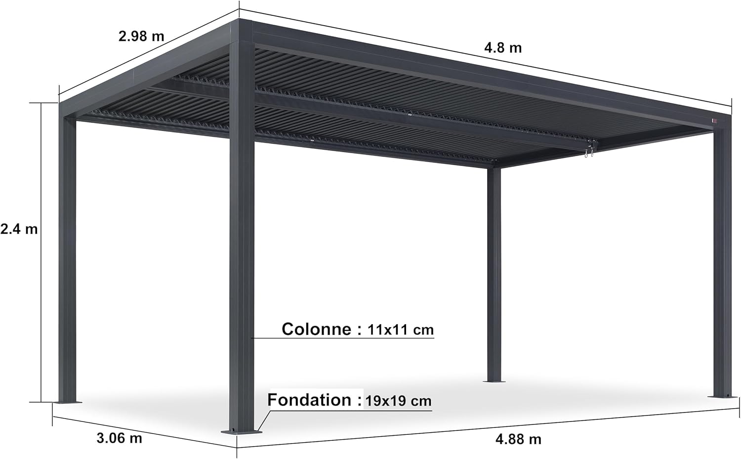 PURPLE LEAF - Pergola aluminium bioclimatique 4,8x3m, lames orientables, persiennes fixes, gris