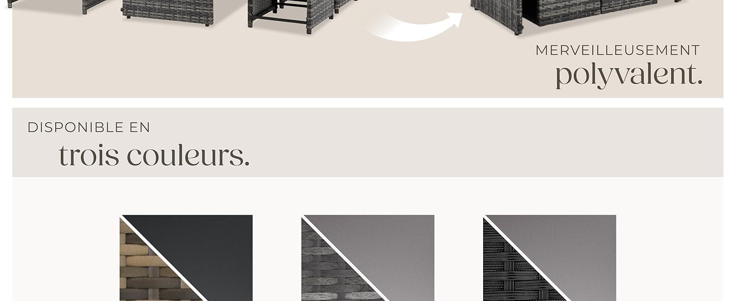 Le texte indique « trois couleurs » et « polyvalent ». Trois échantillons de couleurs affichés horizontalement dans des tons de gris pour les options de couleur du produit.