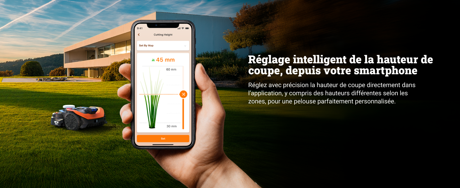 Smartphone affichant une carte ou une interface de navigation sur fond de pelouse ensoleillée avec une tondeuse à gazon robotique. Affiche l'application de contrôle des appareils intelligents extérieurs.