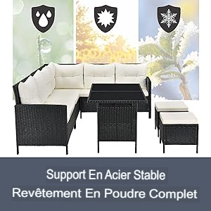 avec cadre en osier noir et coussins blancs, comprenant des sièges sectionnels et une table. Le texte français indique un support en acier stable.