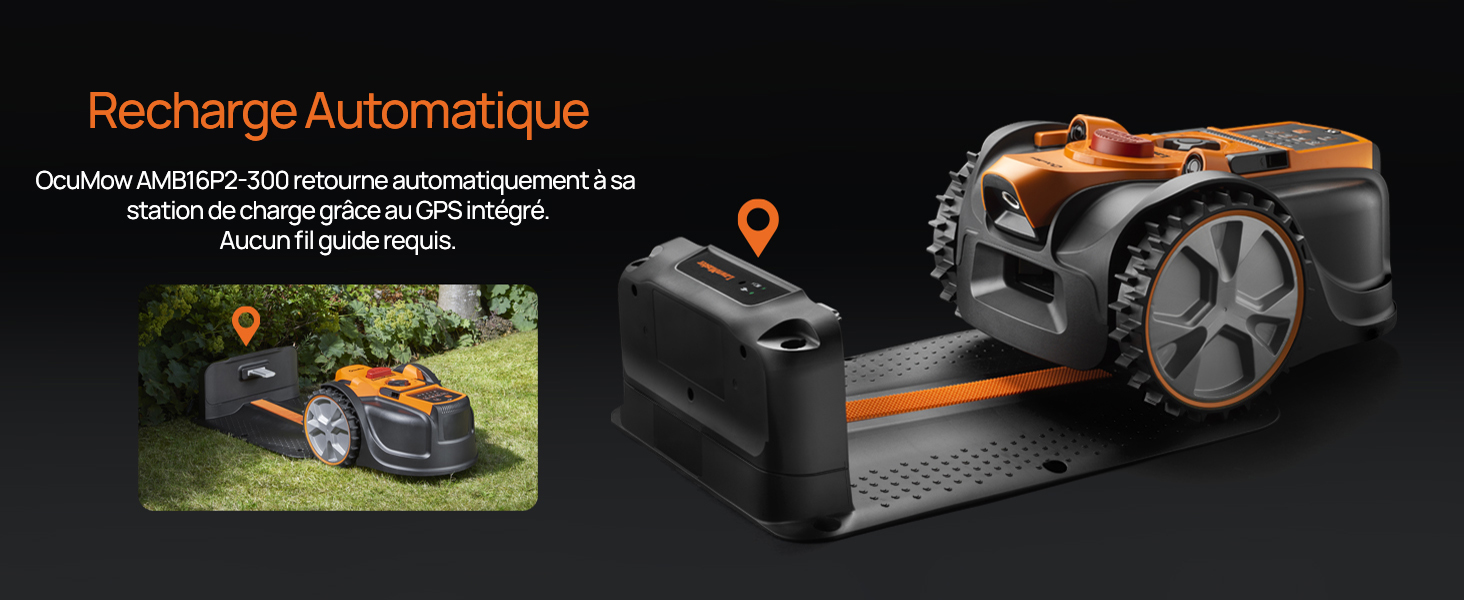 Le texte indique « Recharge automatique ». Image du produit montrant une tondeuse à gazon automatisée au design orange et noir, y compris une illustration de la borne de recharge.