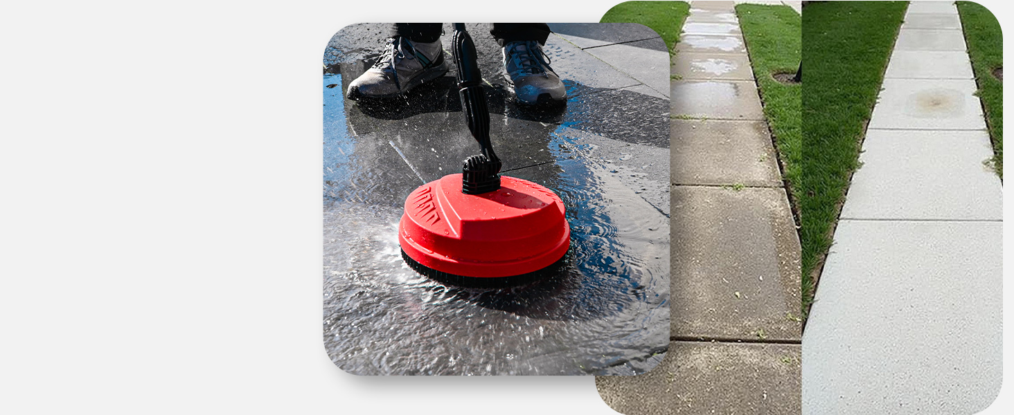 utilisé sur du béton humide, pulvérisant de l'eau. Connecté au nettoyeur haute pression, avec de l'herbe visible sur le côté.