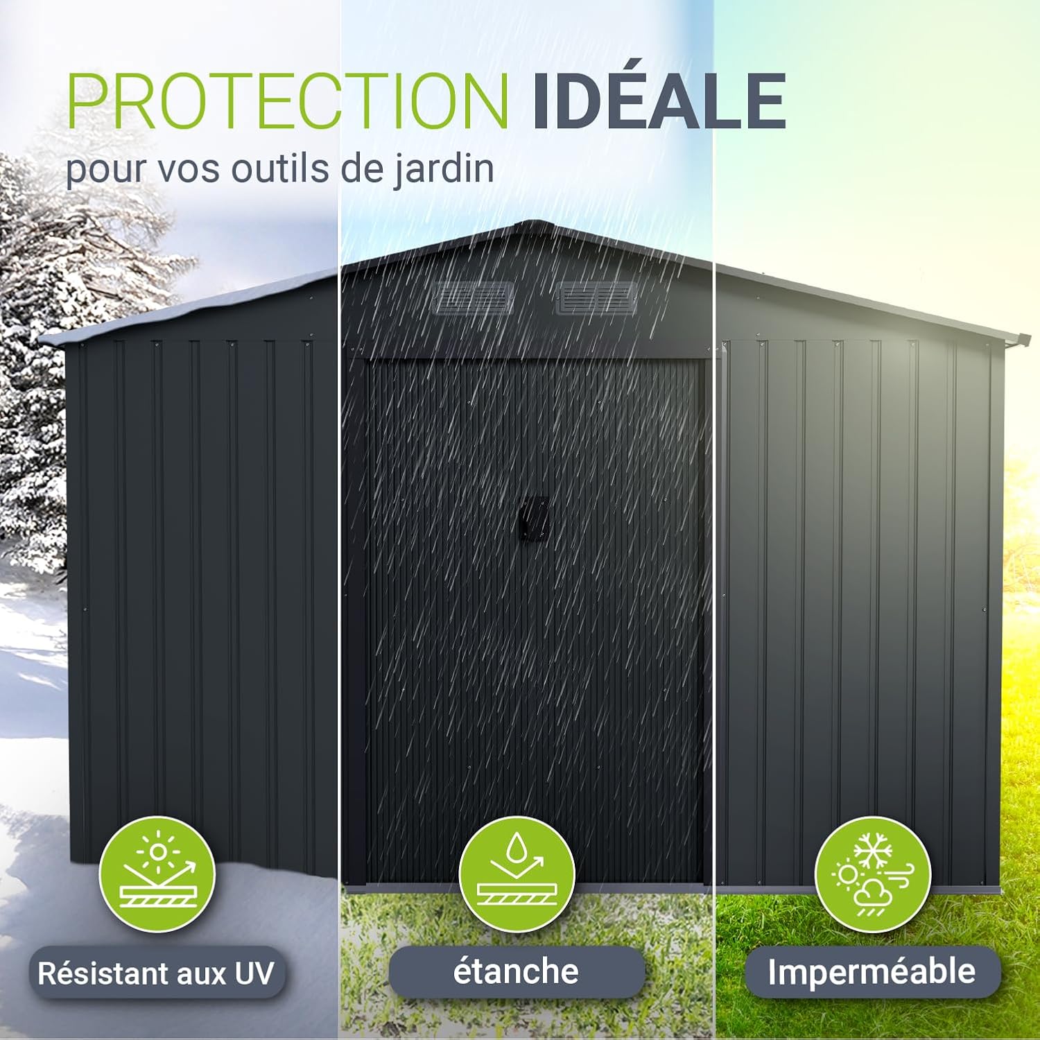 Abri métallique XL - spacieux, porte coulissante, cadre fondation