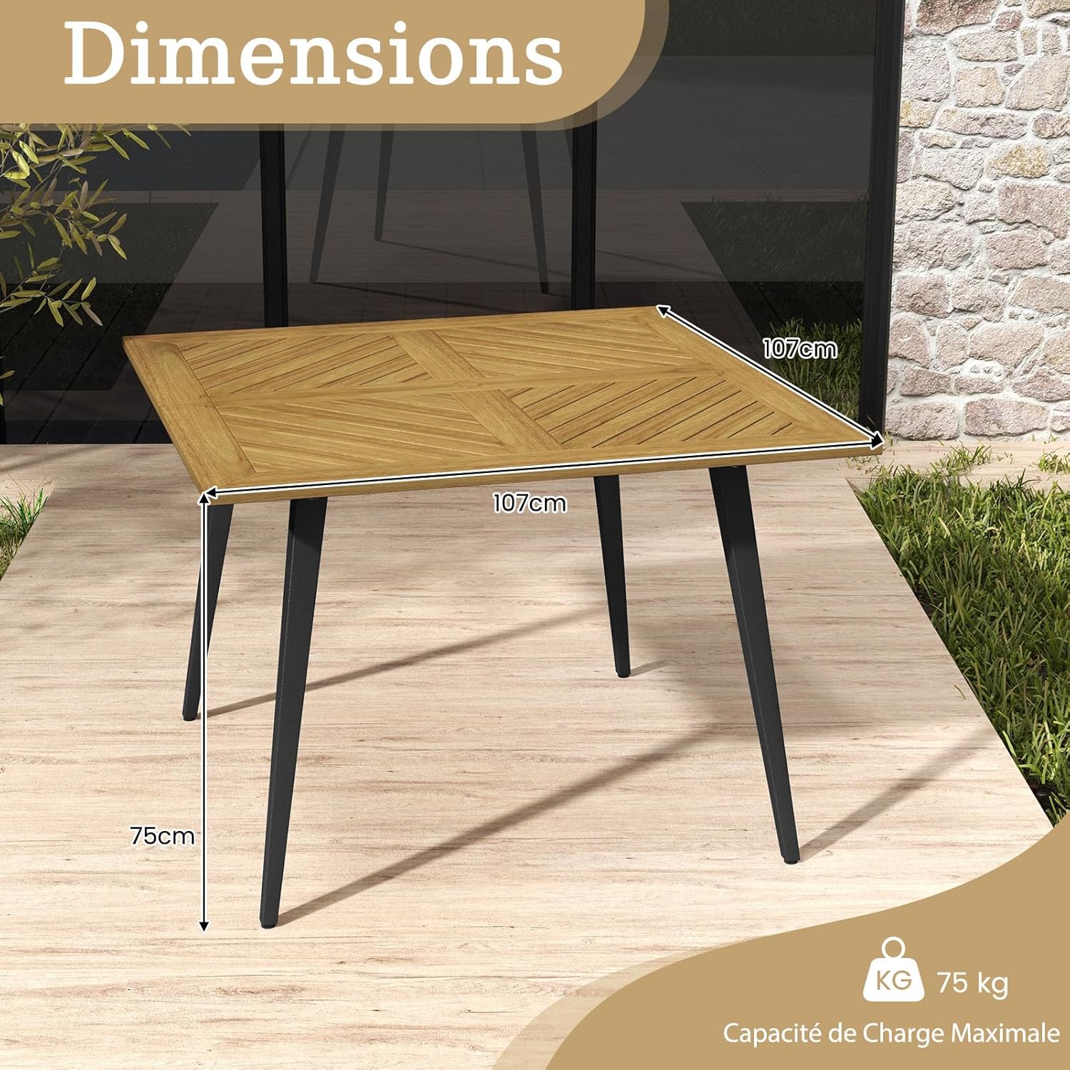 COSTWAY - Table jardin carrée - 107x107 cm - bois acacia, trou parasol