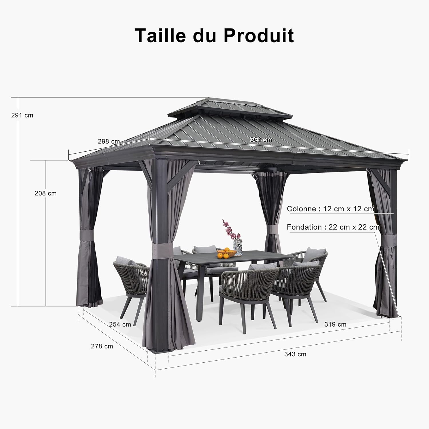 PURPLE LEAF - tonnelle aluminium 4x3m, éclairage intégré, rideaux, gouttière