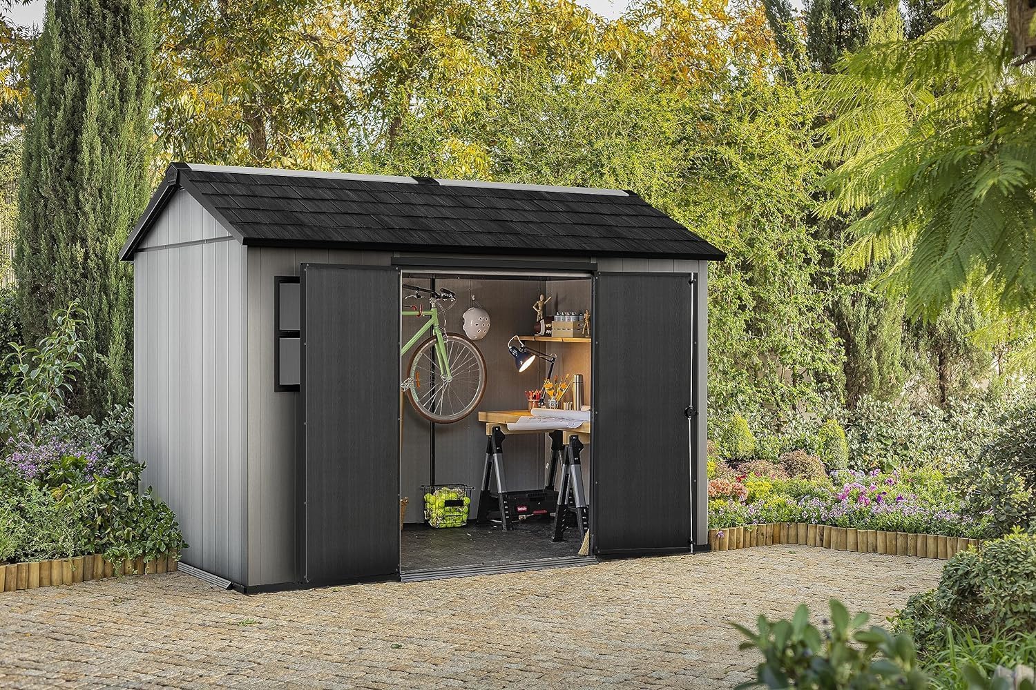 Abri Oakland - 7,2m² - Résine gris, double porte