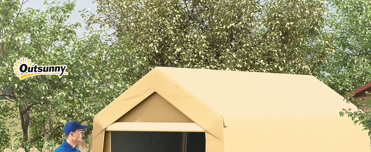 Structure extérieure de tente ou d'abri en toile beige avec un toit en pointe, illustré sur un fond de feuillage naturel