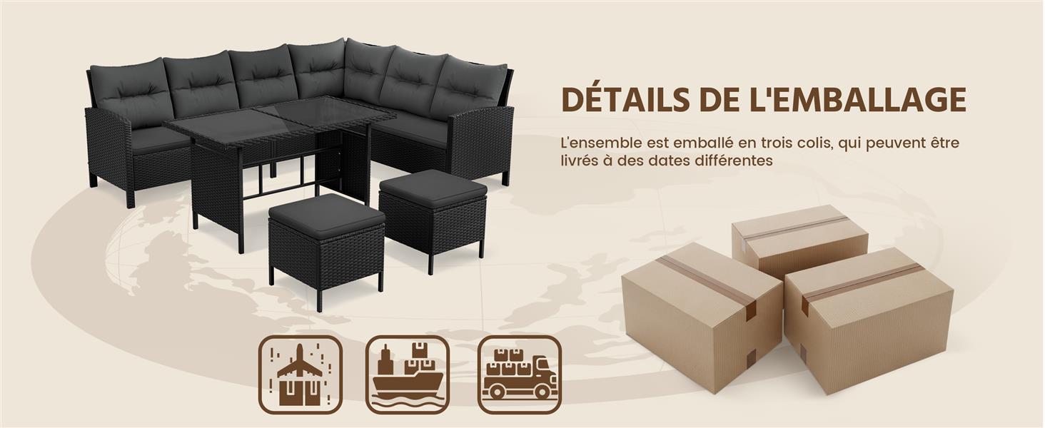 Le texte indique « DÉTAILS DE L'EMBALLAGE ». Canapé sectionnel modulaire noir avec pouf et coussins assortis, avec trois boîtes de rangement beiges illustrées ci-dessous.