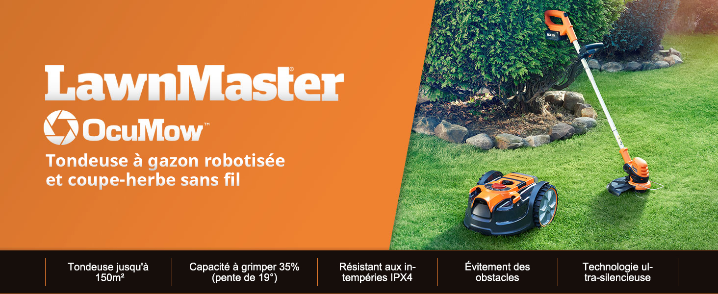 du produit LawnMaster montrant des équipements d'entretien des pelouses, y compris une tondeuse et un coupe-herbe, sur fond de pelouse verte