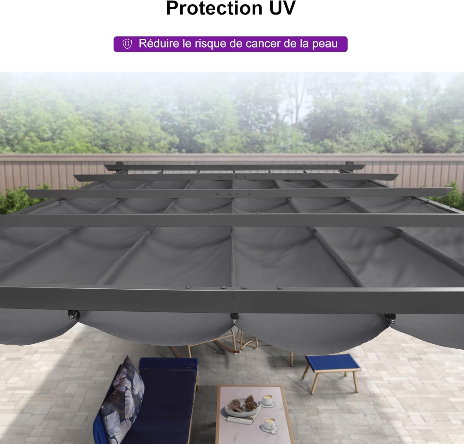 PURPLE LEAF - pergola aluminium - 4 x 3,2 m - toit coulissant, tissu teint, gris