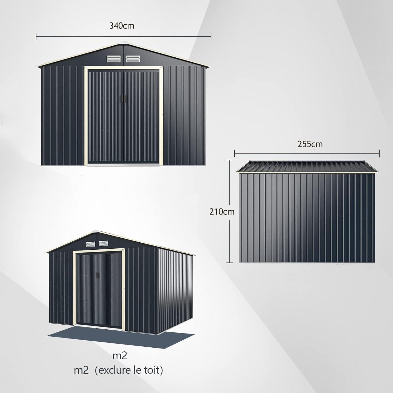 RELAX4LIFE - Abri de jardin métal - 340x255x210cm - porte coulissante, toit pente, extérieur, résistant - KX7177KV+FR