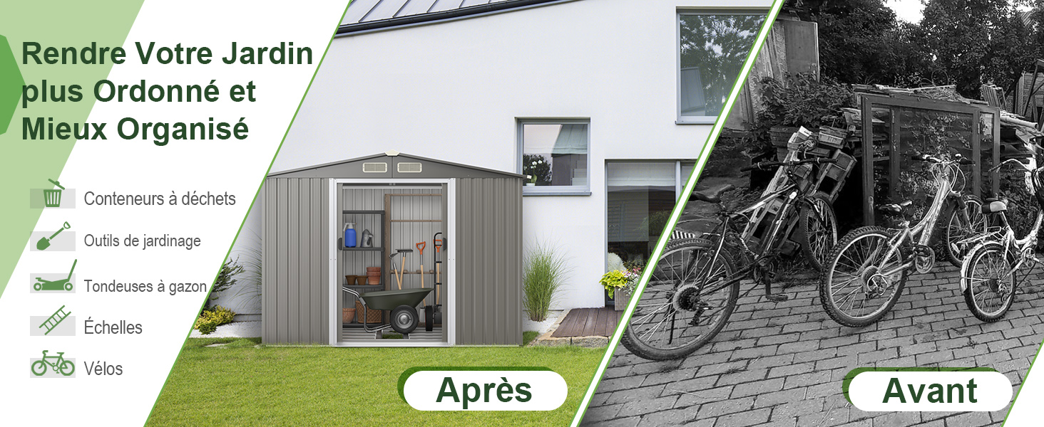 Comparaison avant/après de l'organisation du jardin. La gauche montre un hangar métallique dans une cour bien rangée, la droite montre une zone encombrée de vélos. Le texte met en évidence les avantages de l'amélioration du jardin.