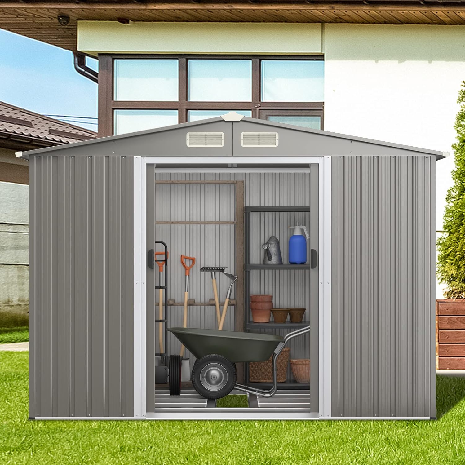 RELAX4LIFE - Abri de jardin acier 260x206,5x108cm, double porte, toit appentis, KX7293PK+FR