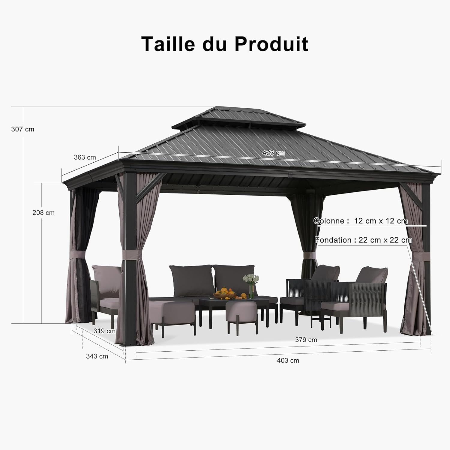 PURPLE LEAF - tonnelle jardin - 4,25x3,65m - toit acier, moustiquaire, rideaux, poteaux renforcés
