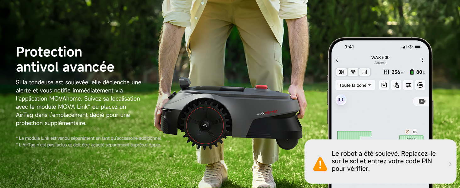 Le texte indique « Protection activée avancée ». Écrans d'interface d'application mobile affichant les paramètres et l'état de la tondeuse à gazon robotique dans le jardin extérieur.