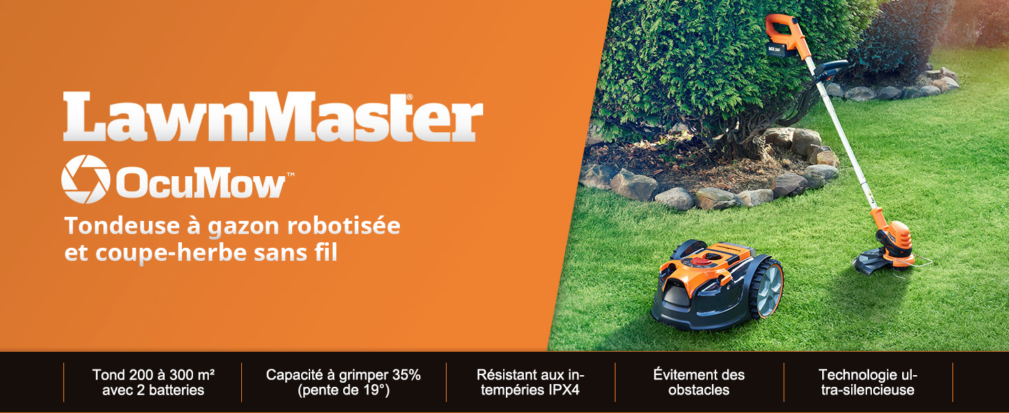pour la tondeuse à gazon robotisée LawnMaster AcuMow montrant un appareil orange et noir avec les caractéristiques du produit en texte français