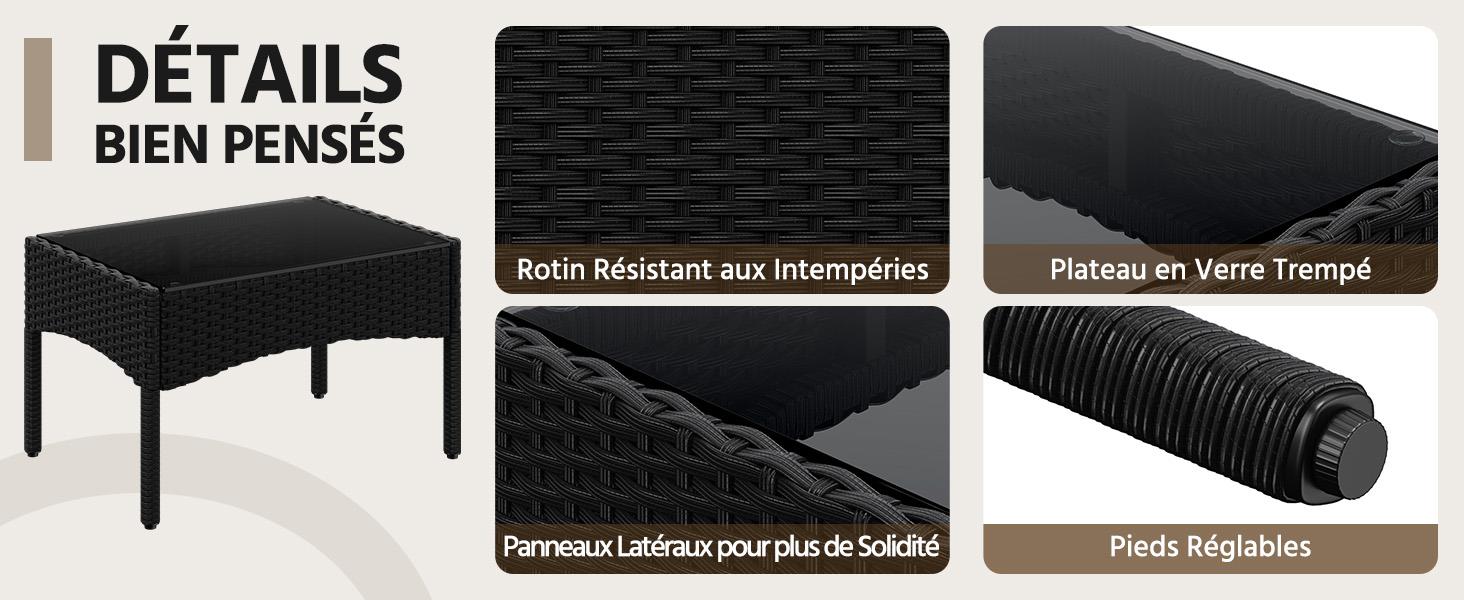 Le texte se lit comme suit : « DÉTAILS BIEN PENSÉS ». Vitrine de produits avec un meuble noir et trois photos détaillées montrant les matériaux et les caractéristiques de construction.
