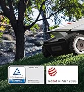 Le texte indique « Entretien de la pelouse », « CERTIFIÉ TÜV Rheinland », « Reddot winner 2026 » et un code QR. L'image montre une voiture noire garée sous un arbre avec de l'herbe verte, arborant des logos de certification et de récompense.