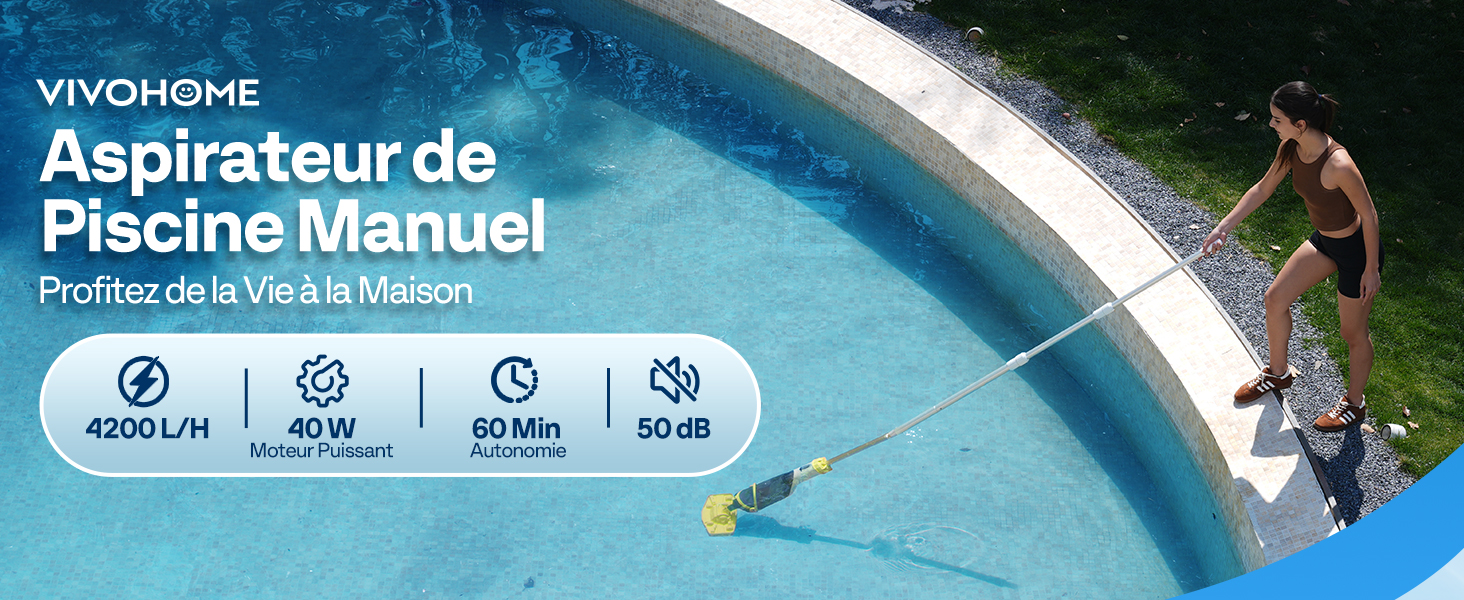 Le texte indique « VYOOGHOME Aspirateur de piscine manuel ». L'image du produit montre un appareil de nettoyage de piscine utilisé dans l'eau bleue avec les icônes d'interface ci-dessous.