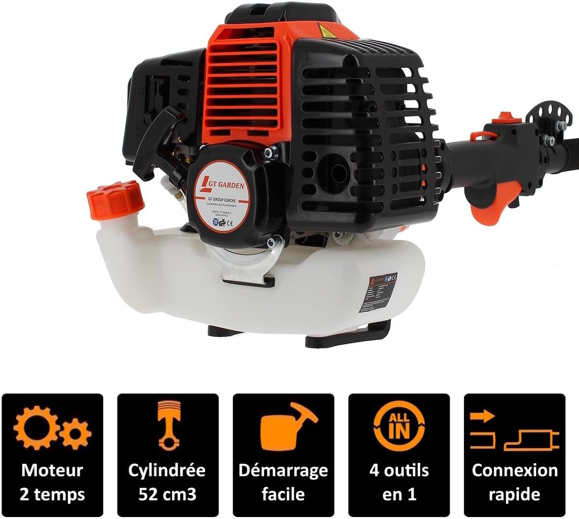 GT Garden - outil multifonction thermique 4 en 1 - 52cc - tronçonneuse, débroussailleuse, taille-haies