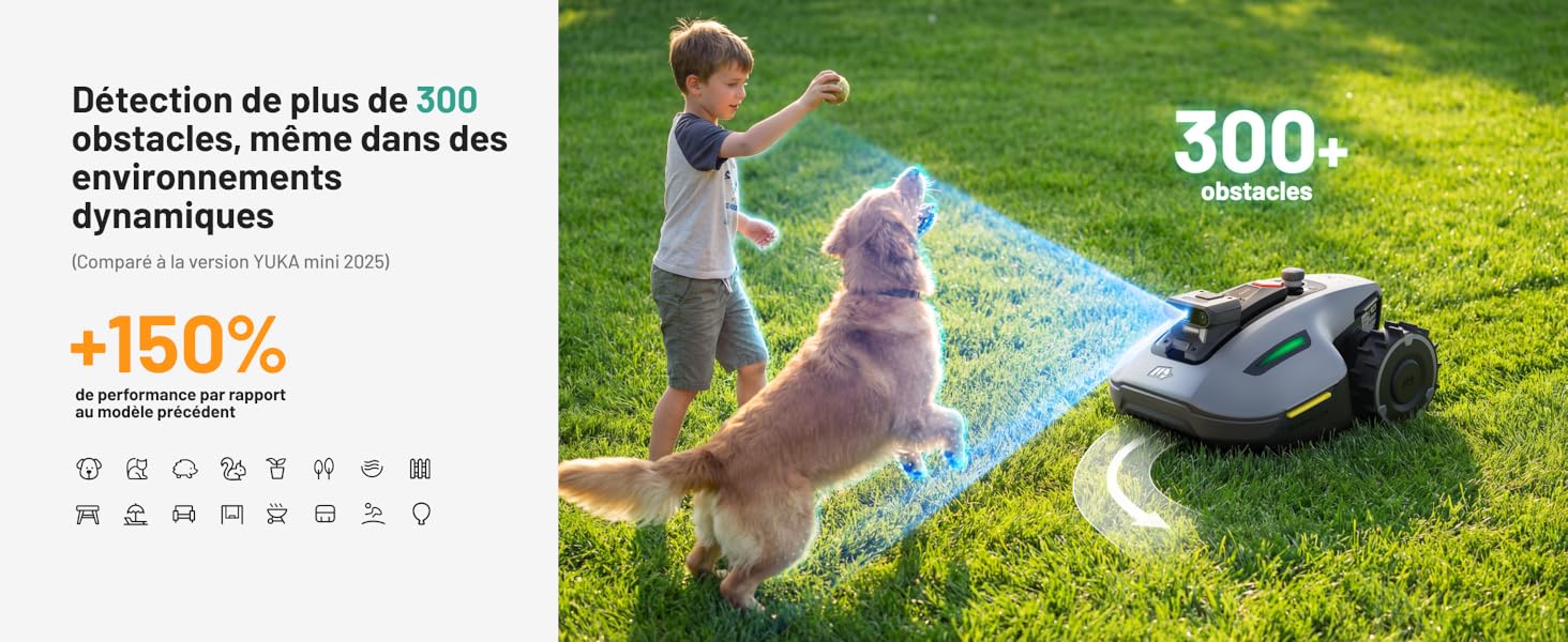 Le texte indique « 300+ » et « +150% ». Publicité montrant une tondeuse à gazon robotisée en action sur de l'herbe verte, avec des icônes affichant diverses caractéristiques. Chien et enfant jouant en arrière-plan.