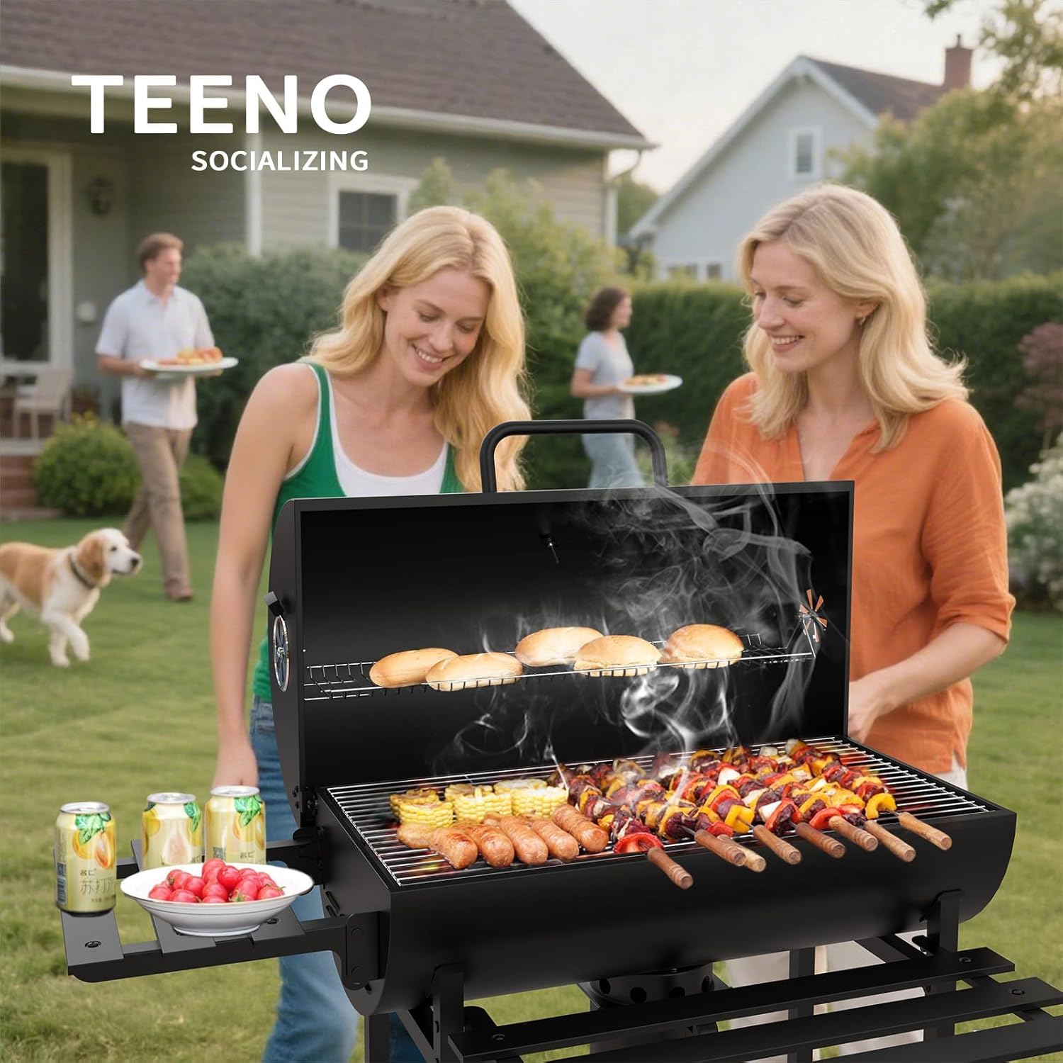 TEENO - Barbecue XXL à charbon, bois, couvercle, thermomètre - housse imperméable - GRILLXXL