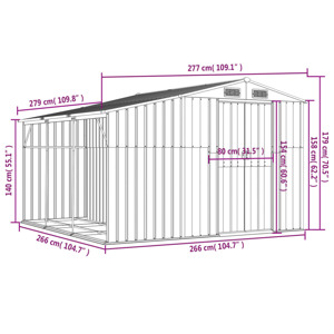 Schéma technique d'un hangar de stockage ou d'une enceinte indiquant les dimensions : 277 cm de longueur, 259 cm de largeur et plusieurs mesures de hauteur avec des mesures