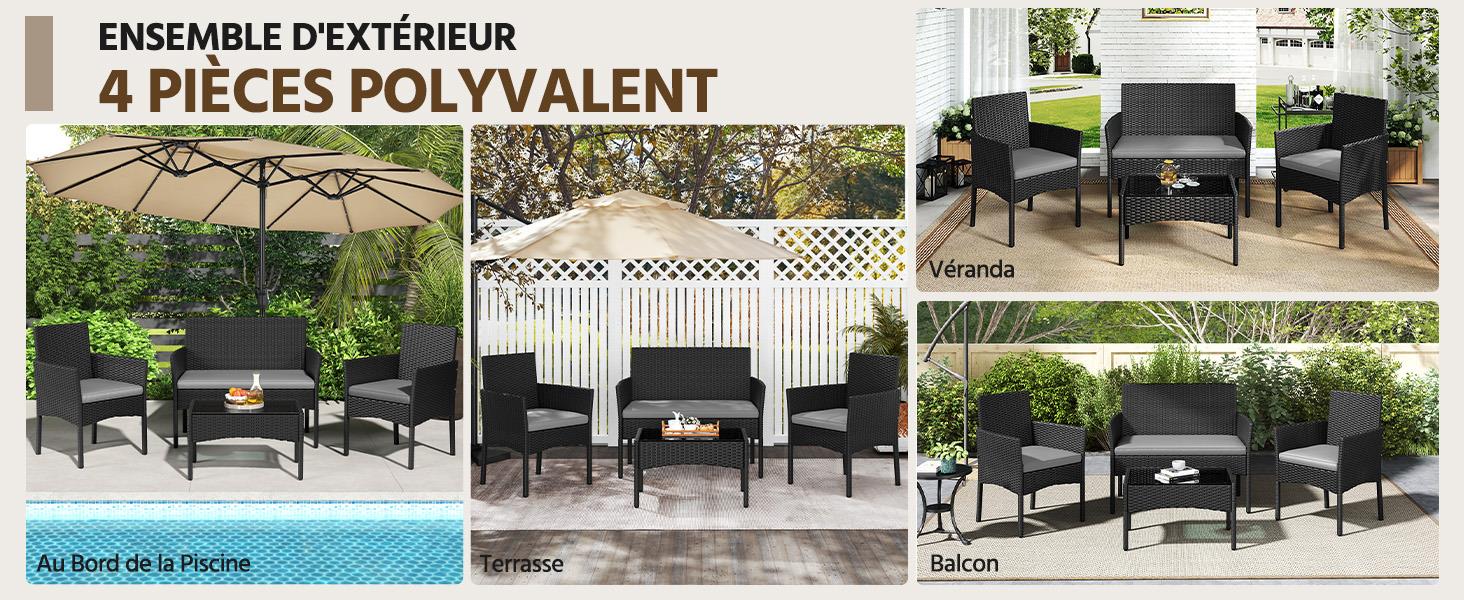Le texte indique « ENSEMBLE D'EXTÉRIEUR » et « 4 PIÈCES POLYVALENTES ». Collection d'ensembles de meubles de jardin d'extérieur comprenant des chaises et des tables en osier noir dans divers arrangements