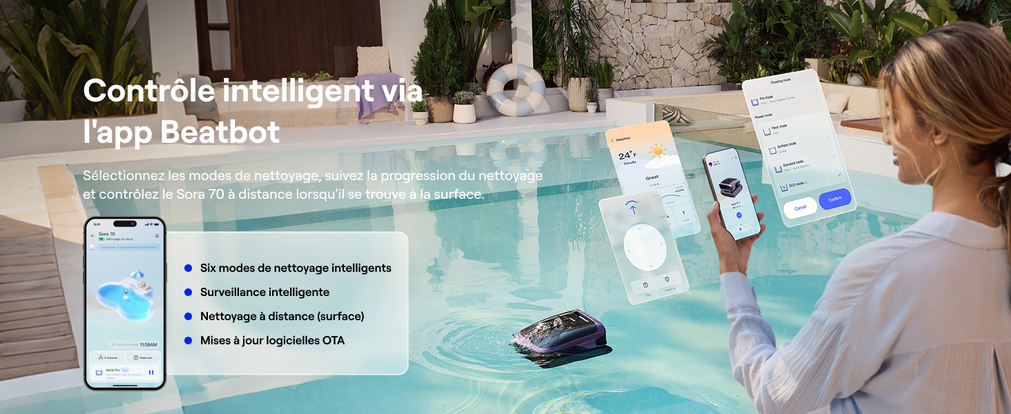 Le texte indique « Controla Intelligent via », « Tapp Beatbot ». Captures d'écran de l'interface et images de produits montrant le système de contrôle du robot de nettoyage de piscine et les fonctionnalités de l'application mobile.
