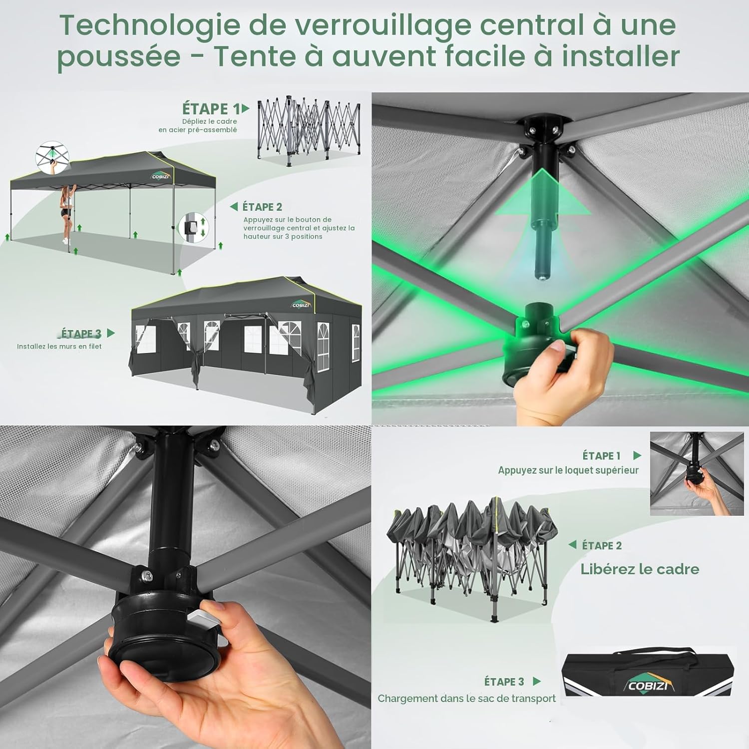 COBIZI - Tonnelle pliante série Pop up - 3x6m - imperméable, ventilation, anti-UV
