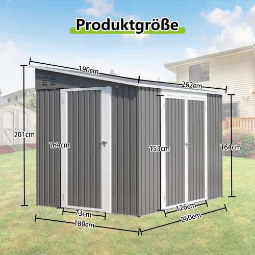 Abri en métal de 6 x 8 Pieds avec Double Portes et Serrure - Abri de Jardin imperméable avec kit de Sol pour Jardin, terrasse, Cour arrière, Environ 1,8 x 2,4 m, Gris