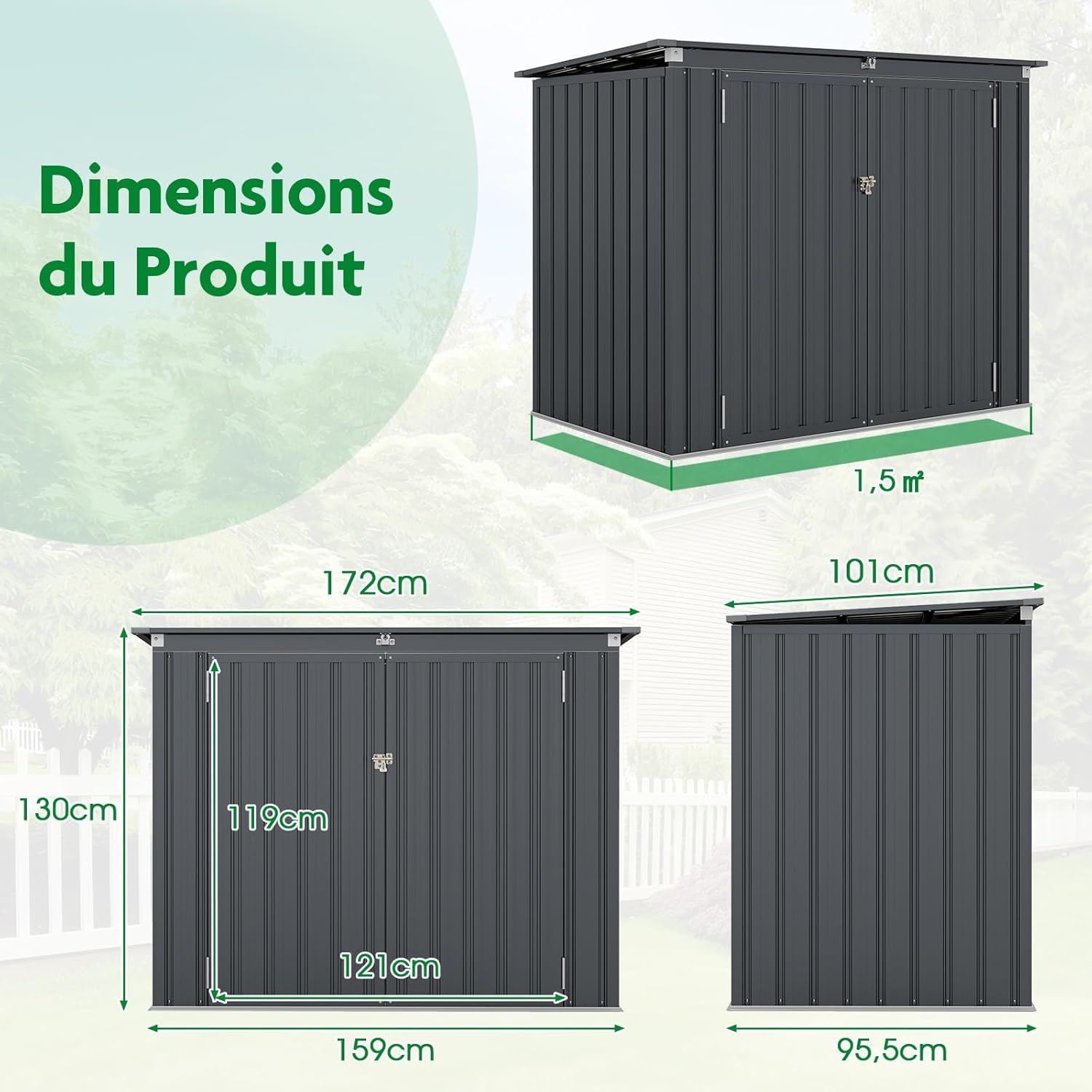 RELAX4LIFE - Abri de jardin métal - 172x100x129 cm - 2 portes, couvercle relevable