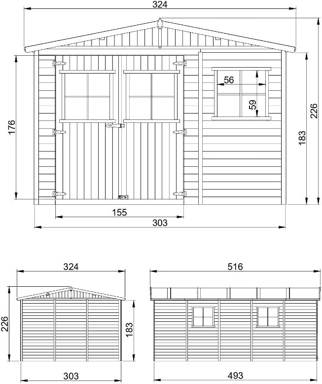 Abri de Jardin en Bois Naturel - Stockage extérieur avec fenêtres- H226x324x516 cm/15 m² Hangar en Bois Naturel - Atelier Rangement Outils et vélos- TIMBELA M337